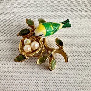 Swoboda Nephrite Jade Faux Pearl Egg Brooch, Signed SWO, 1960s Gold Tone